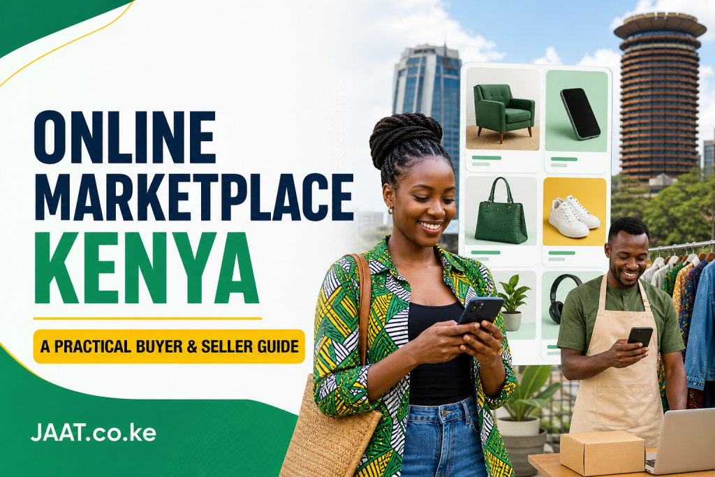 Kenyan buyer and small-business seller comparing products on an online marketplace using a phone and laptop