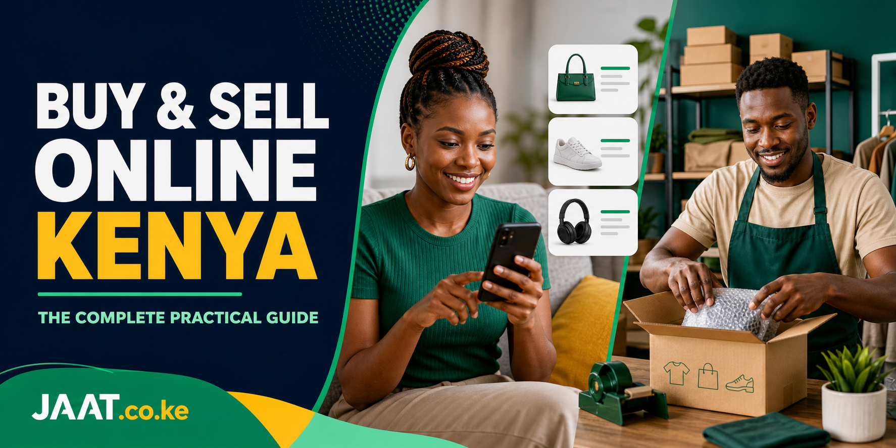 Kenyan buyer receiving a parcel while an online seller manages orders on a smartphone