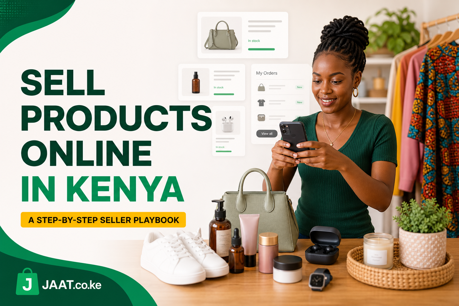Kenyan entrepreneur photographing products and managing online marketplace listings from a small shop
