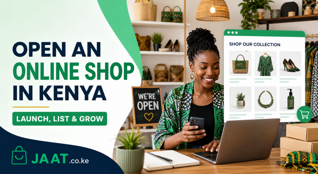 Kenyan small-business owner launching an online shop on a laptop with organised products ready for orders