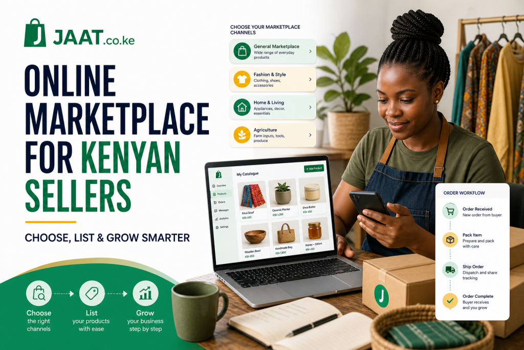 Kenyan seller comparing online marketplace channels and reviewing sales growth on a laptop