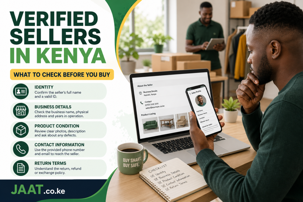 Kenyan online buyer reviewing a seller verification checklist before making a marketplace purchase