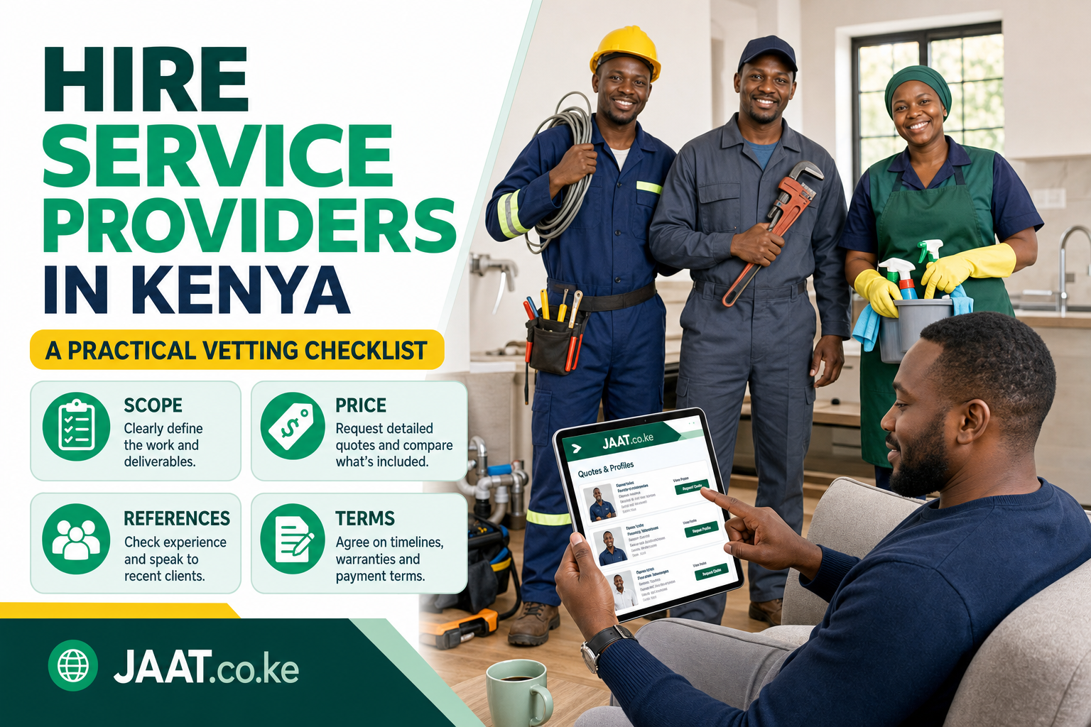 Kenyan client reviewing a service provider proposal and hiring checklist