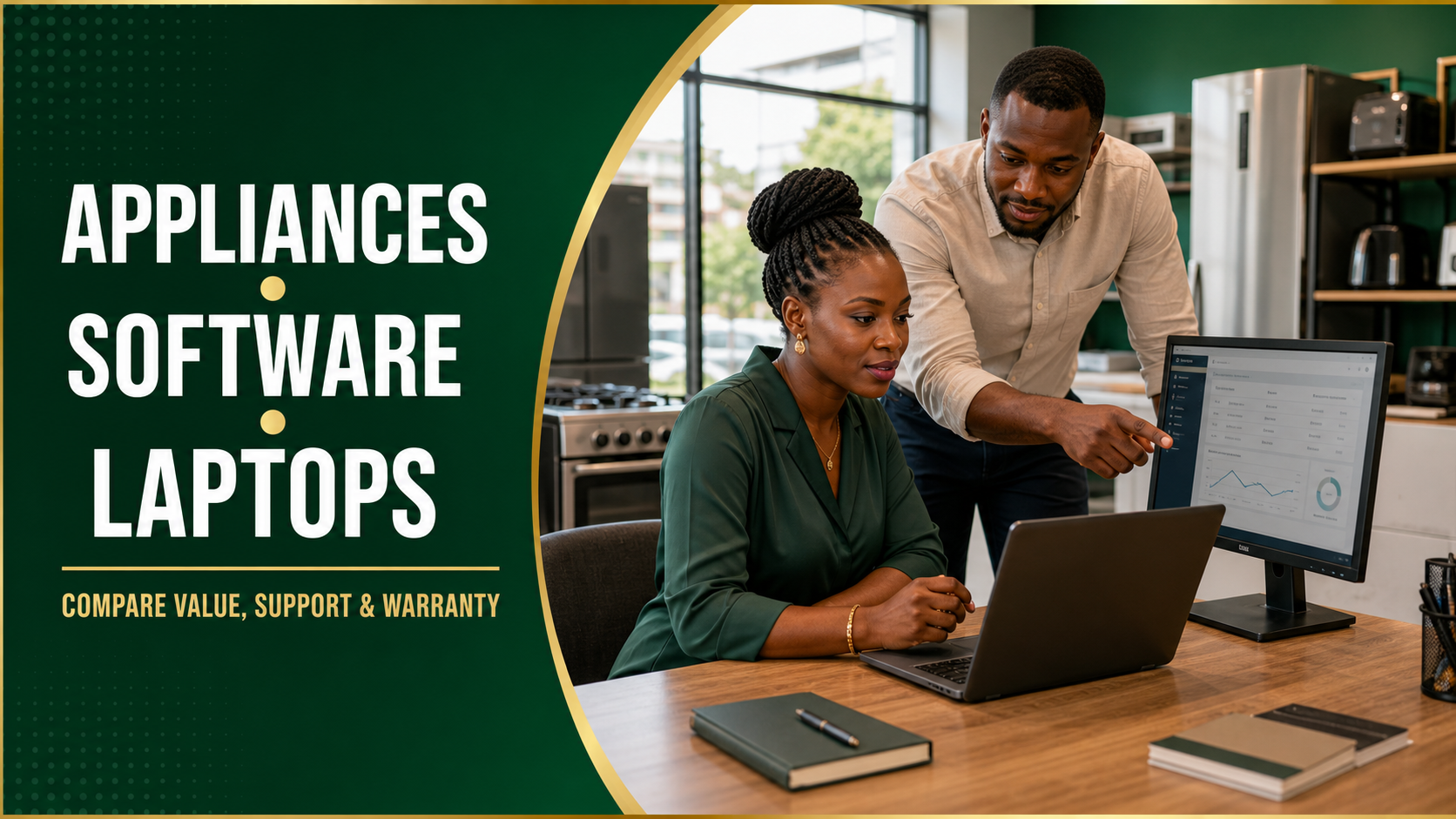 Kenyan SME owners comparing appliances, software and a laptop