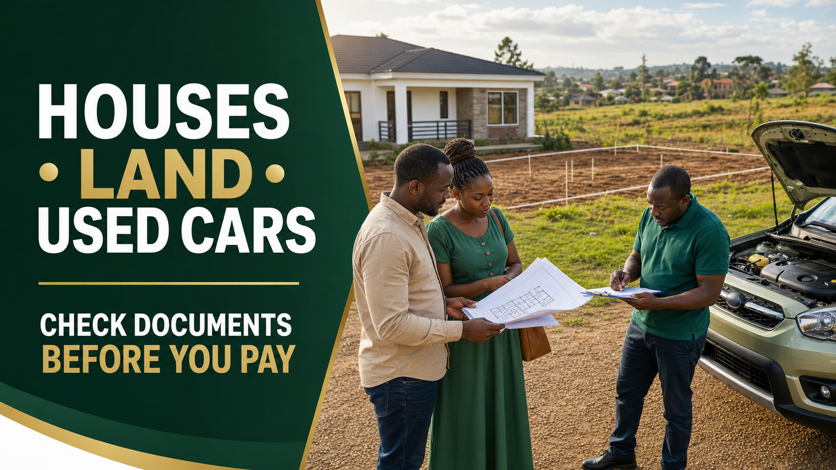 Kenyan buyers reviewing documents for houses, land and a used car