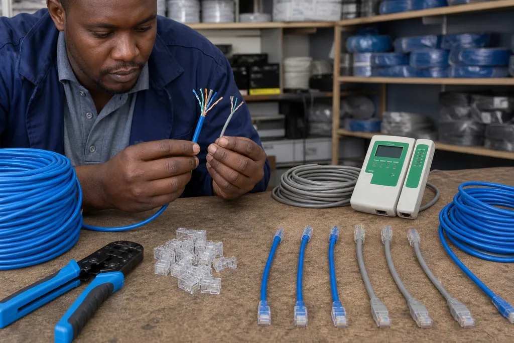 Cat6 Ethernet cable reel patch cord RJ45 connectors and network tester on a Kenyan installation plan