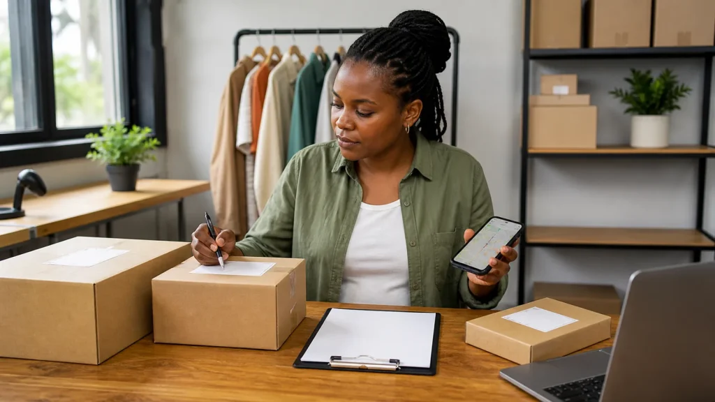 Kenyan online seller comparing pickup and courier delivery options beside packed orders