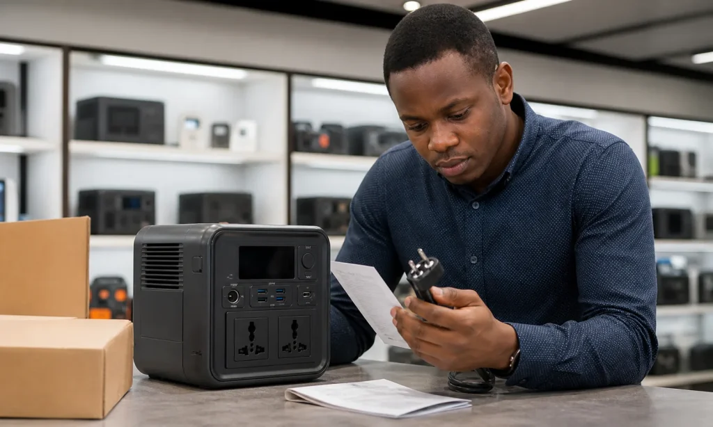 Buyer checking EcoFlow portable power station model label plug type capacity and warranty documents in Kenya