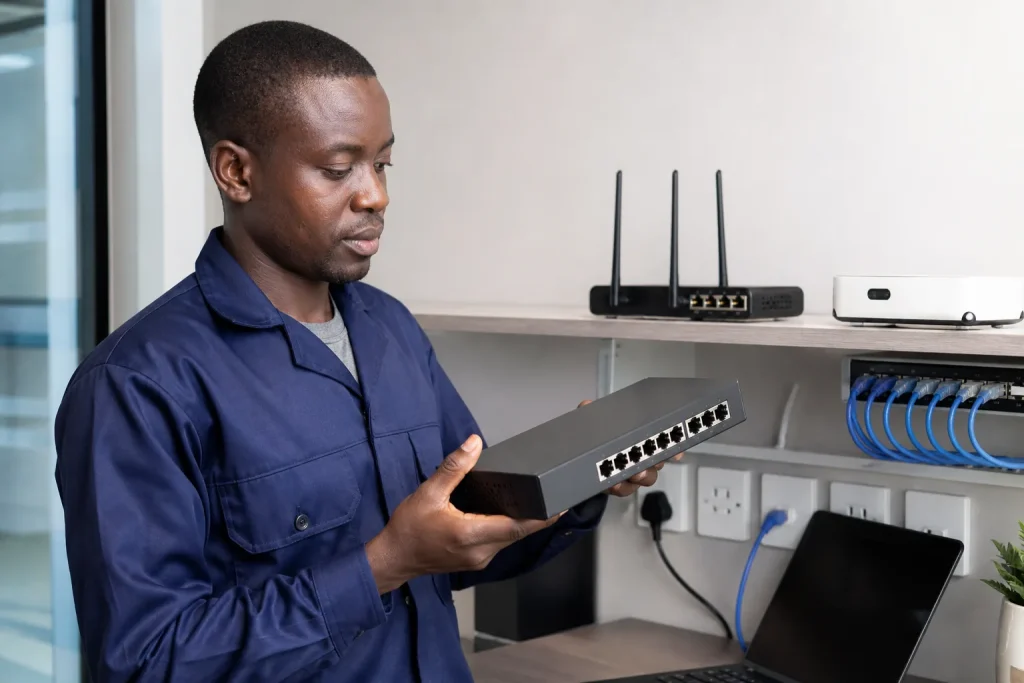 Kenyan home office network with router eight-port Gigabit switch computers access point and IP camera