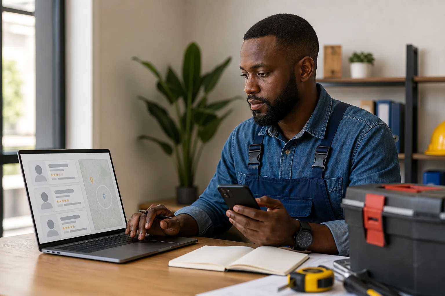 Kenyan service provider preparing an online scope and quotation on a laptop