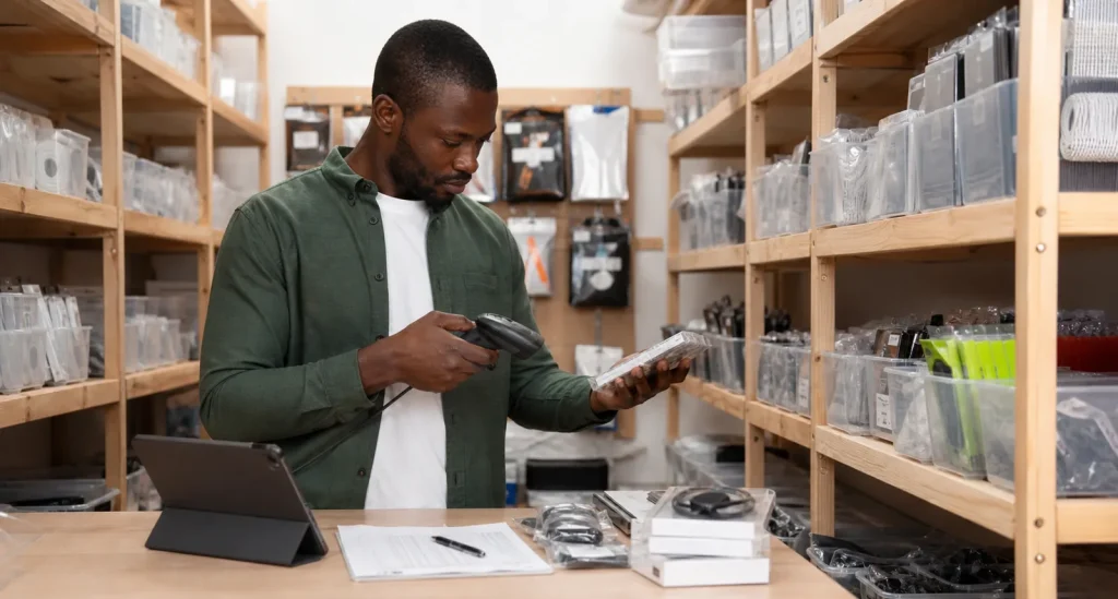 Kenyan small retail shop owner counting labelled electronics against an inventory sheet