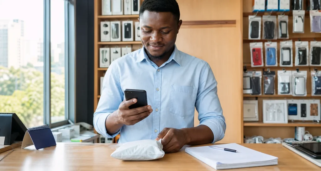 Kenyan online seller reconciling an M-Pesa order payment on a phone and laptop