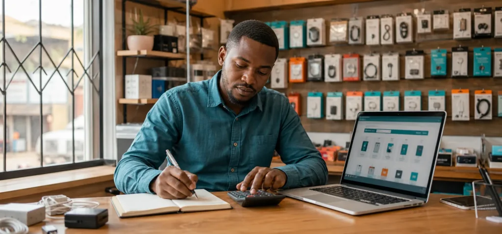Kenyan shop owner comparing marketplace seller fee models on a laptop
