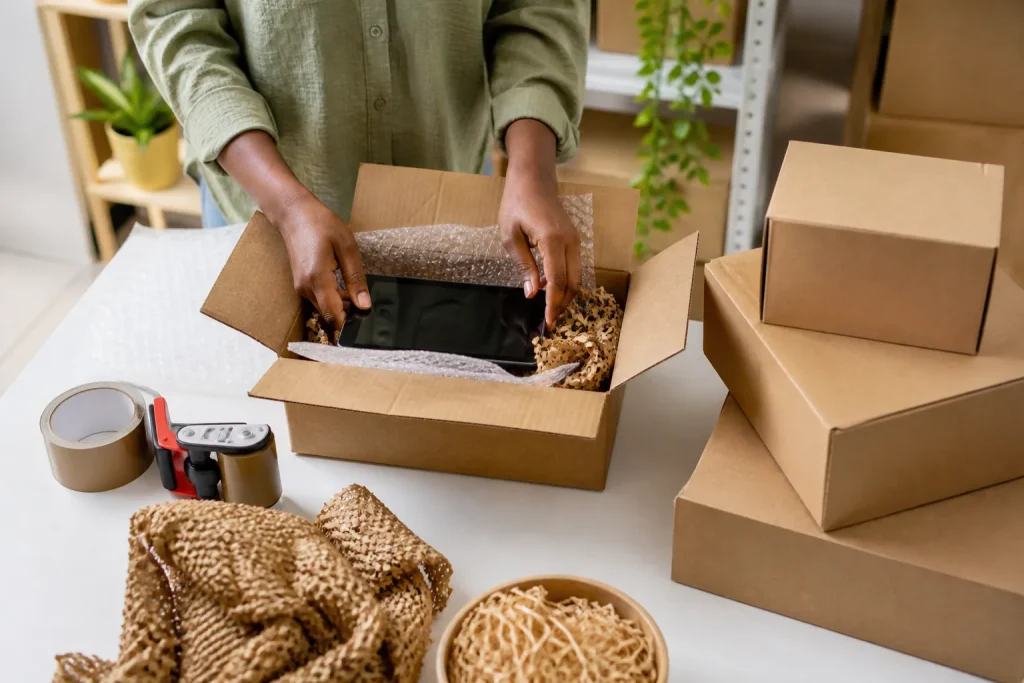 Kenyan online seller checking a sealed and labelled parcel before courier handover