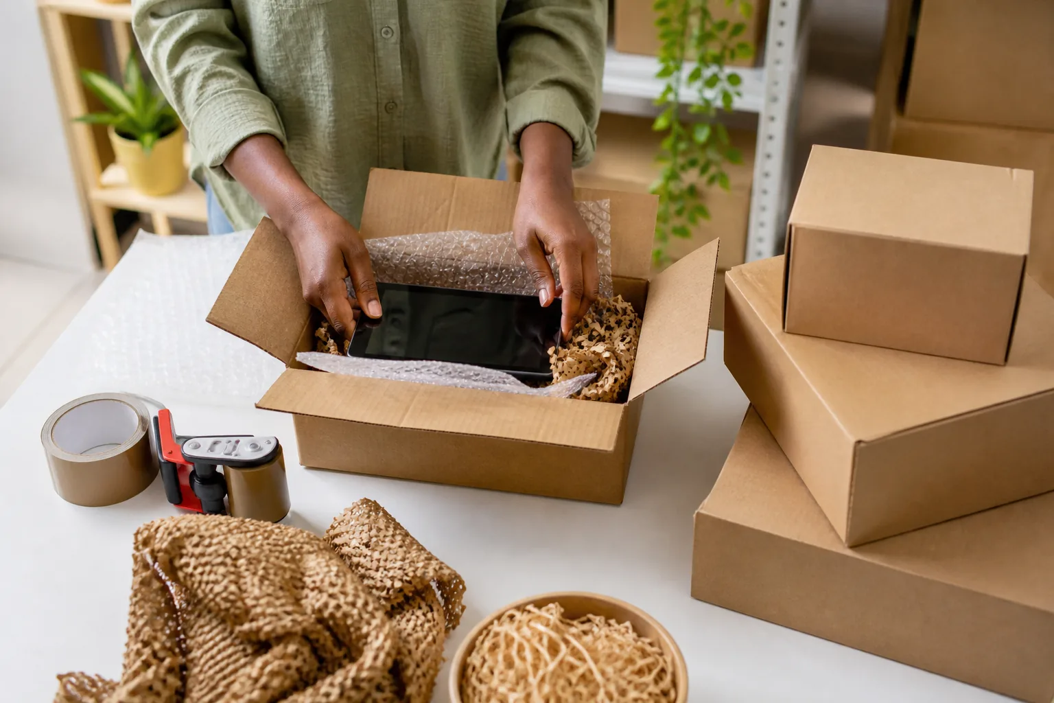 Kenyan online seller checking a sealed and labelled parcel before courier handover