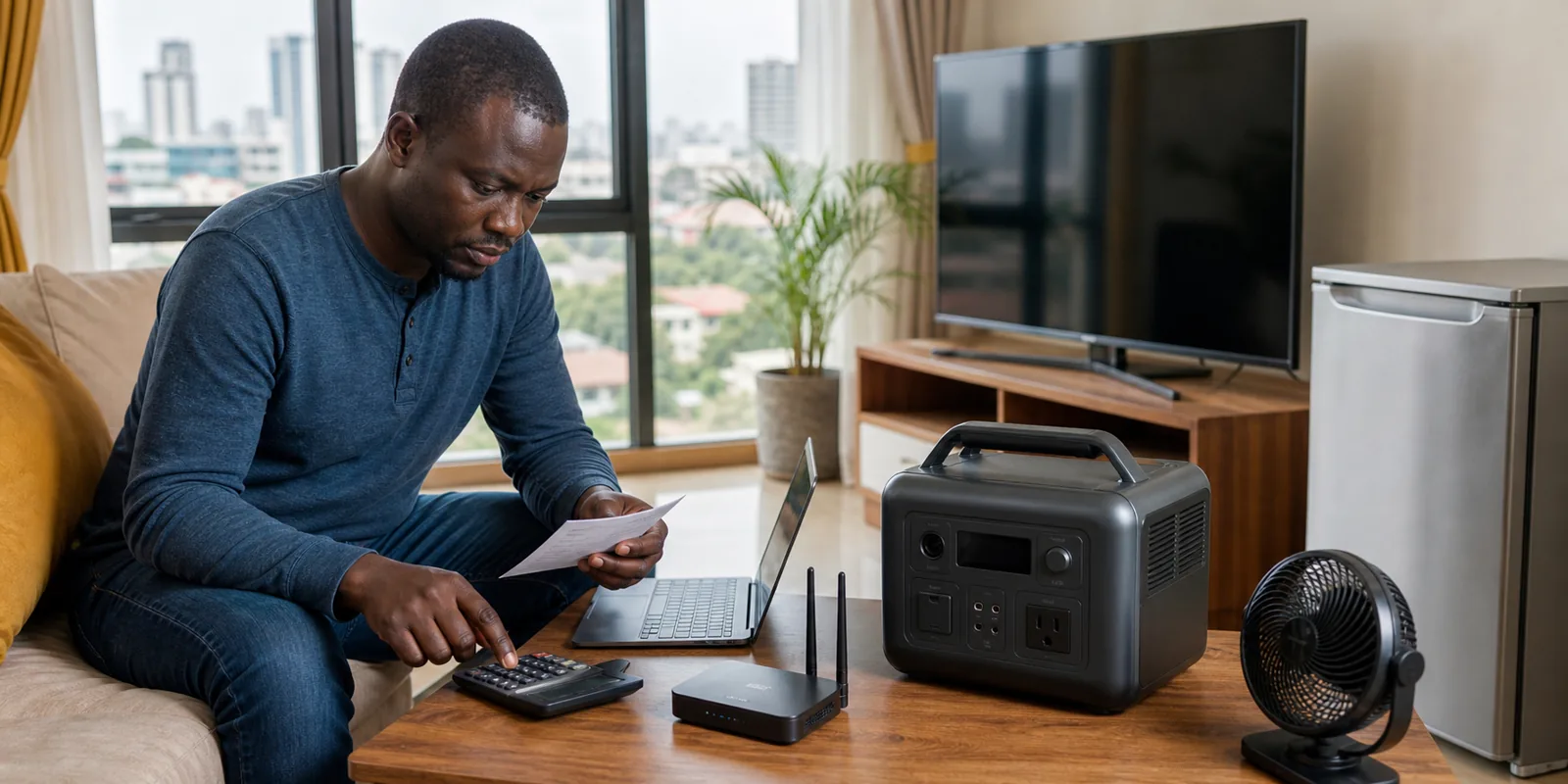 Kenyan shopper comparing portable power station watt-hour capacity with router laptop and light loads