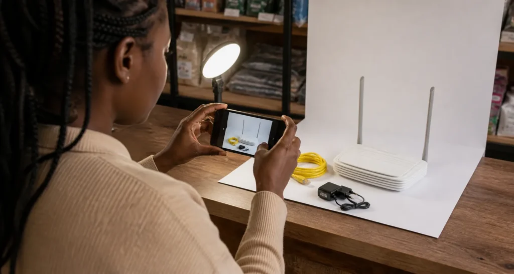 Kenyan seller photographing an electronic product beside a window with a plain background