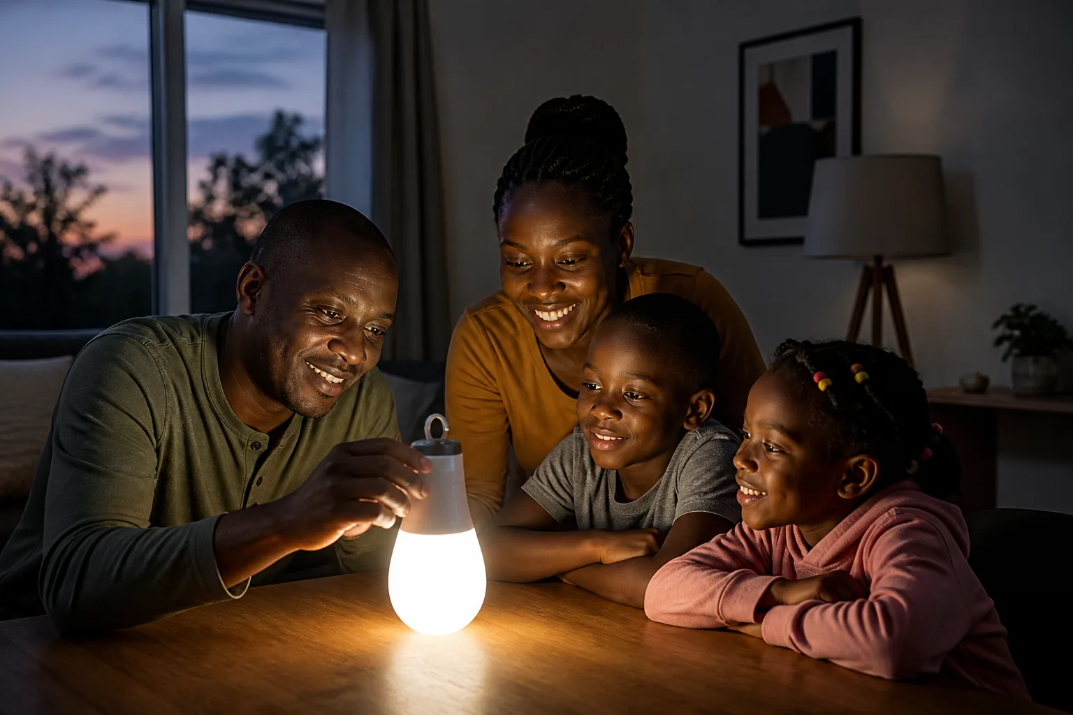 Rechargeable emergency bulb illuminating a Kenyan home during a power outage