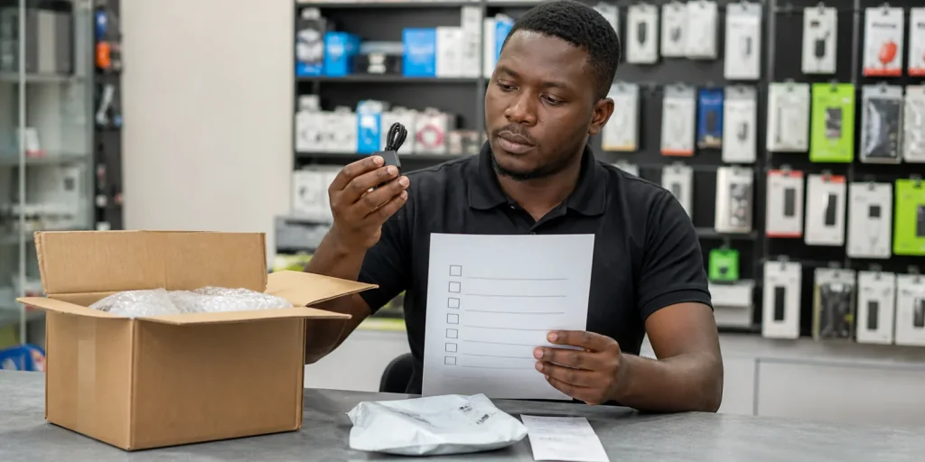 Kenyan online seller reviewing a return request beside an order record and packaged product