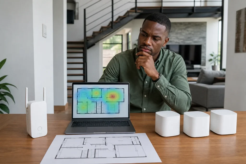 Kenyan home floor plan comparing one Wi-Fi range extender with a multi-node mesh network