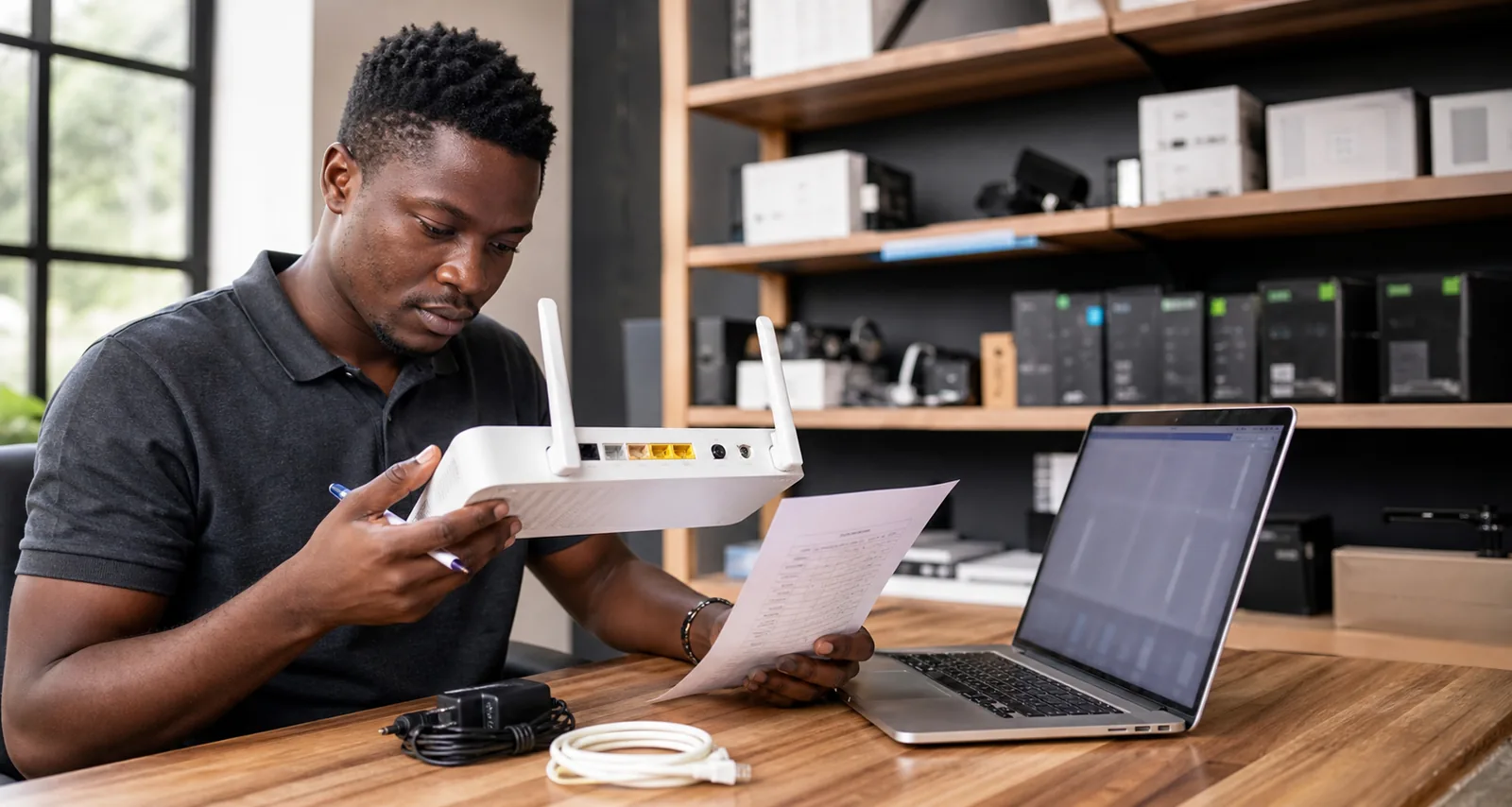 Kenyan online shop owner writing a detailed product description beside the item