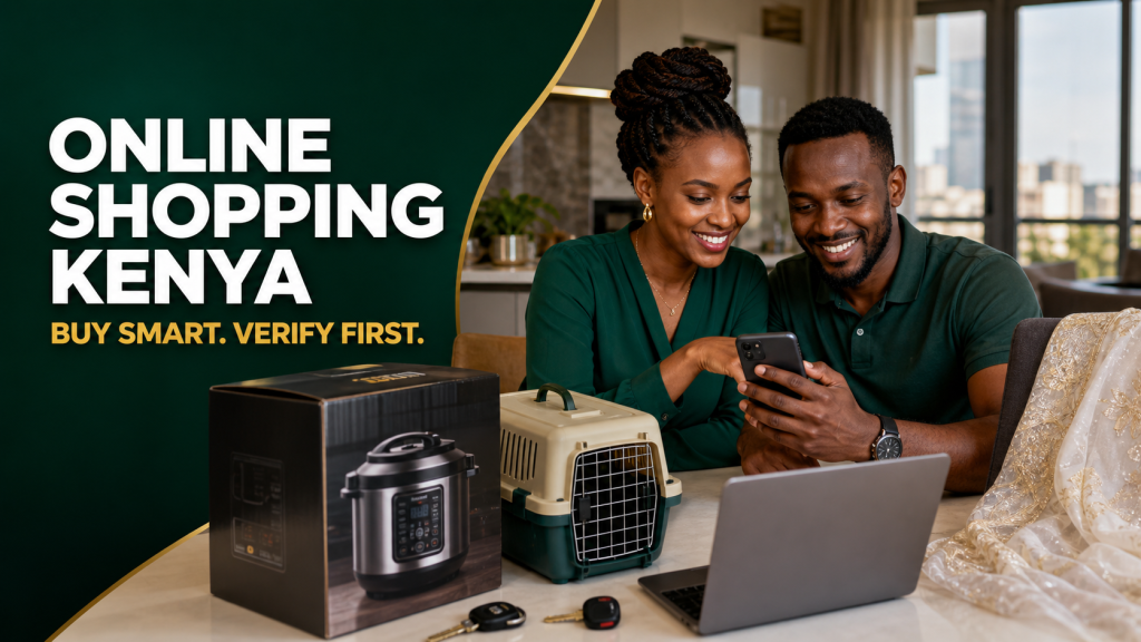 Kenyan couple comparing marketplace listings for online shopping in Kenya
