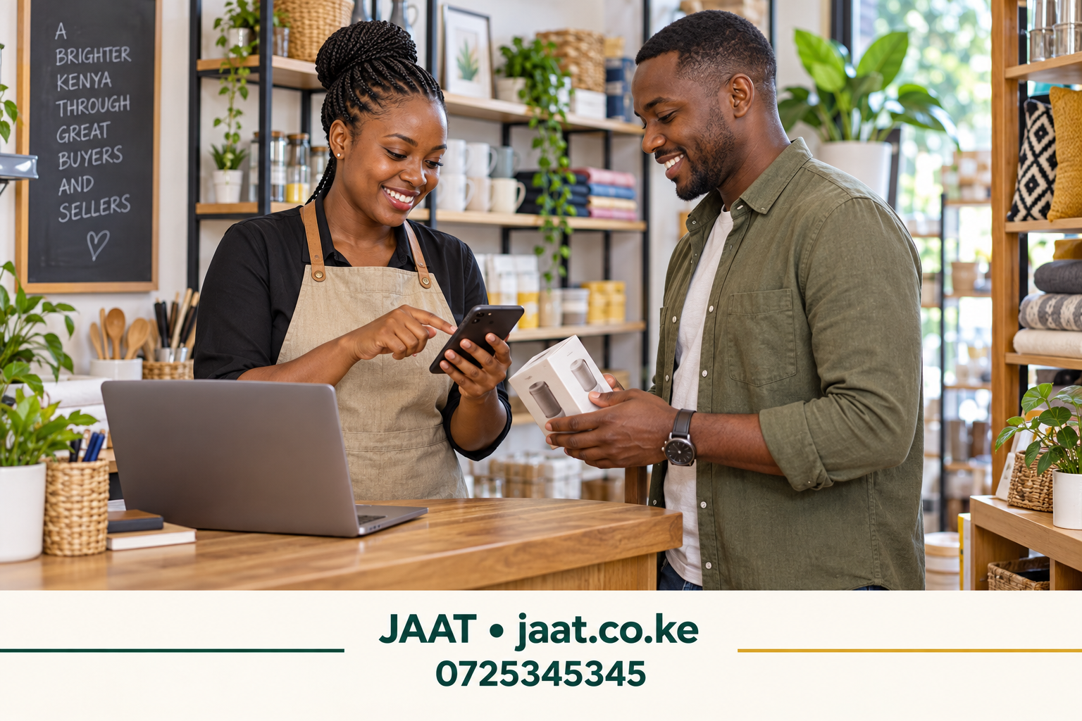 service enquiry checklist guide: JAAT seller and buyer reviewing an item; 0725345345